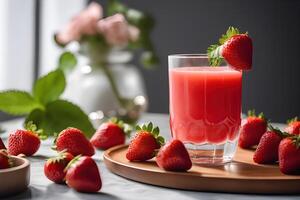 ai généré fraîchement pressé fraise jus dans une verre par ai génératif photo