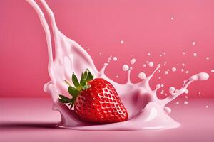 ai généré une fraise est chute dans une fraise Lait liquide, fraise Lait une baignoire la photographie par ai génératif photo