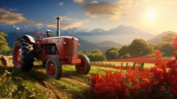 ai généré tracteur sur une Prairie avec rouge fleurs à le coucher du soleil photo