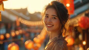 ai généré portrait de une magnifique asiatique femme souriant à le caméra tandis que en marchant dans le rue photo