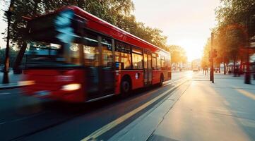 ai généré autobus sur une ville rue à le coucher du soleil. concept de Voyage et transport photo