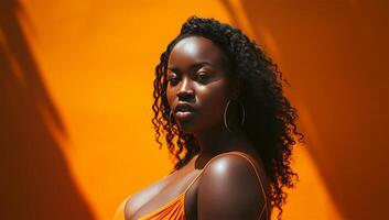 ai généré magnifique africain américain femme dans maillot de bain sur Orange Contexte. photo