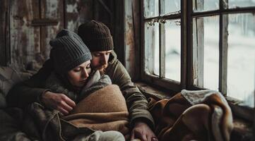 ai généré couple dans hiver vêtements séance sur le rebord de fenêtre et à la recherche en dehors le fenêtre photo