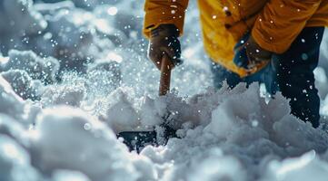 ai généré homme pelleter neige dans le l'hiver. fermer de une pelle. photo