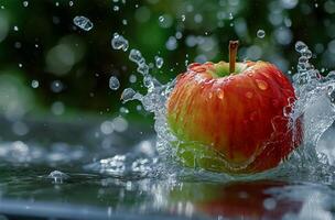 ai généré rouge Pomme chute dans l'eau avec éclaboussure et bokeh Contexte. photo