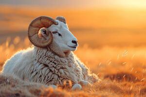 ai généré mouton dans le Prairie à le coucher du soleil. magnifique la nature Contexte. photo