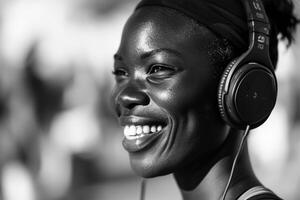 ai généré portrait de souriant africain américain femme sur plage à le coucher du soleil photo