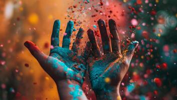 ai généré mains couvert dans coloré peindre. Holi festival. Inde. photo