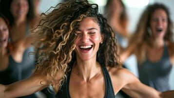 ai généré portrait de souriant gens Faire yoga dans Gym photo