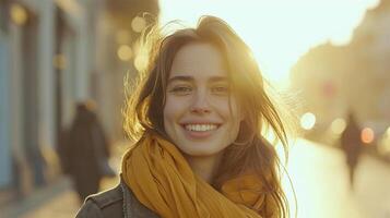 ai généré portrait de une magnifique Jeune femme sur le rue à le coucher du soleil. photo