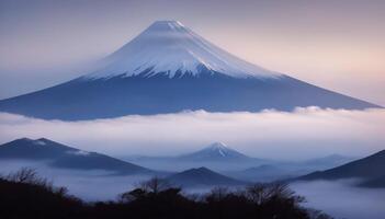 ai généré monter Fuji, Japon, lever du soleil, rose, Cerise fleurir, lever du soleil, lever du soleil, photo