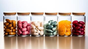 ai généré coloré doux gel pilules dans verre pots sur blanc Contexte. santé et médicament concept. photo