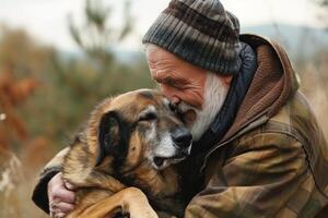 ai généré une portrait de une content Sénior plus âgée avec une chien, le personnes âgées avec animal de compagnie photo