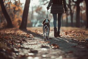 ai généré rare vue de une chien des promenades dans le parc avec femelle propriétaire de premier plan le laisse. photo