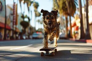ai généré faire de la planche à roulettes chien. marrant chien monte planche à roulette sur le rue dans été ville photo