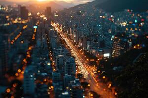 ai généré aérien vue de une ville rue à nuit temps, longue exposition de le voiture lumières photo