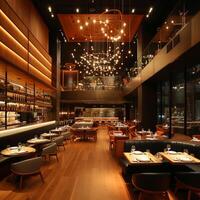 ai généré une moderne restaurant intérieur conçu pour perspicace palais et un élevé à manger atmosphère. photo