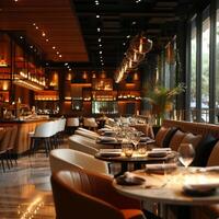 ai généré une moderne restaurant intérieur conçu pour perspicace palais et un élevé à manger atmosphère. photo