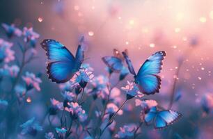 ai généré un image avec bleu papillons en volant plus de violet fleurs photo