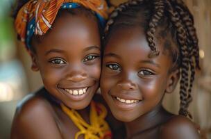 ai généré africain adolescent les filles sourire et regard dans le caméra photo