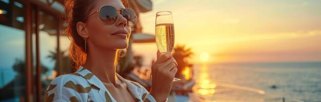 ai généré Jeune femme avec des lunettes boisson Champagne à le coucher du soleil photo