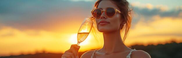 ai généré Jeune femme avec des lunettes boisson Champagne à le coucher du soleil photo