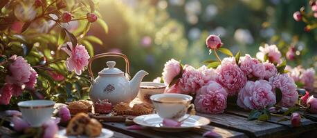 ai généré une thé pot et tasses asseoir sur une table près rose pivoines et des pâtisseries photo