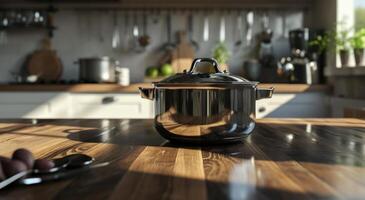 ai généré un le fer pot sur Haut de une en bois surface dans une cuisine photo