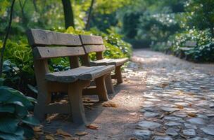 ai généré deux en bois bancs dans une paysage avec les plantes dans le Contexte photo