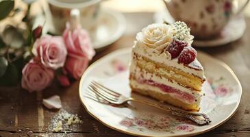 ai généré gâteau tranche sur une assiette avec café et des roses photo