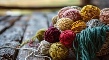 ai généré coloré des balles de fil sont mis dans une panier sur une bois table photo