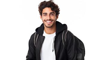ai généré portrait de souriant Jeune homme avec sac à dos à la recherche à caméra isolé sur blanc Contexte photo