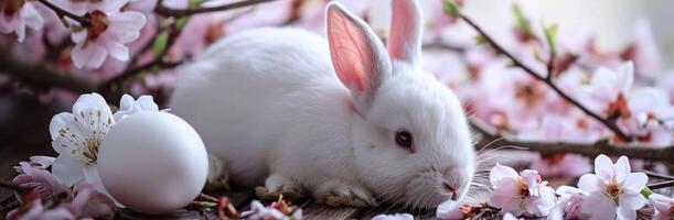 ai généré Pâques lapin pose sur Oeuf et printemps fleurs avec blanc pivoine photo