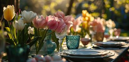 ai généré Pâques table réglage avec rose et blanc tulipes photo