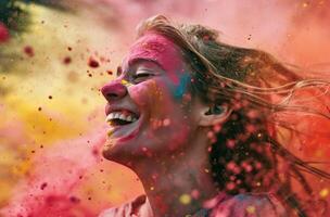 ai généré coloré poudre chute sur une souriant femme photo