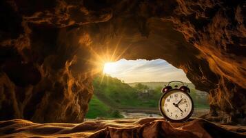 ai généré alarme l'horloge dans grotte. temps concept photo