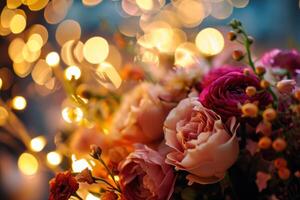 ai généré floral bouquet de fleurs avec scintillant lumières photo
