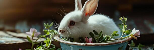 ai généré blanc lapin séance dans une bol avec certains fleurs photo