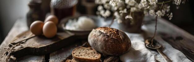 ai généré Pâques Oeuf et pain sur une table photo