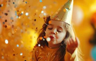 ai généré peu fille soufflant confettis avec content anniversaire fête chapeau photo