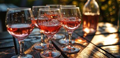 ai généré rose du vin des lunettes séance sur une table photo