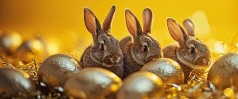 ai généré lapins derrière d'or des œufs dans de face de un Orange Contexte photo