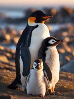 ai généré mignonne manchot famille avec la nature Contexte photo