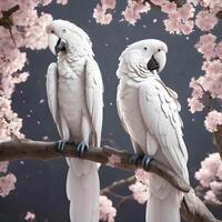 ai généré deux grand blanc ara perroquets asseoir sur une branche de Sakura fleurs photo