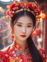 ai généré chinois Jeune femme célébrer Nouveau année photo