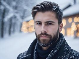 ai généré Jeune homme dans neigeux hiver photo