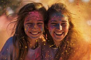 ai généré deux souriant Jeune femmes coloré poudre soufflant dans le air photo