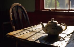 ai généré théière plus de une table dans le lumière du soleil photo