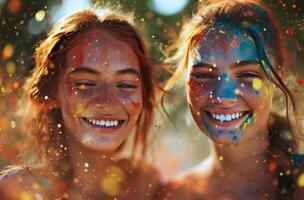 ai généré deux souriant Jeune femmes coloré poudre soufflant dans le air photo