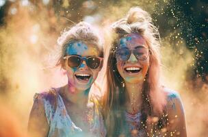 ai généré deux souriant Jeune femmes coloré poudre soufflant dans le air photo